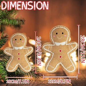 Detail showing two sizes of gingerbread man plush pillows with Christmas decorations