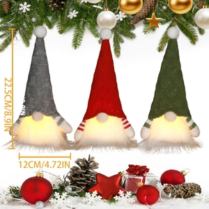 Close-up of three glowing Christmas gnomes with LED beards and size dimensions