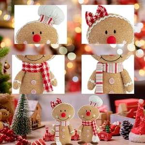 Detailed embroidery and fabric texture of couple gingerbread plush dolls with chef hats