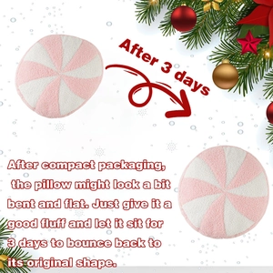 Detail showing the 3-day recovery process of a pink peppermint candy plush pillow from compression