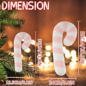 Pink and white candy cane plush pillow size guide with large and small dimensions