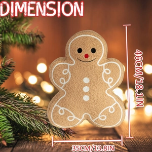 Detail view of 46cm gingerbread man plush pillow with dimensions and soft teddy fleece texture