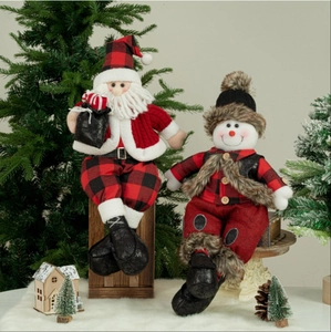 Plush Santa and Snowman figurines in red plaid outfits for Christmas home decoration