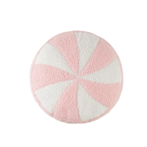 Pink and white round peppermint candy pillow made of soft sherpa fleece decorative cushion