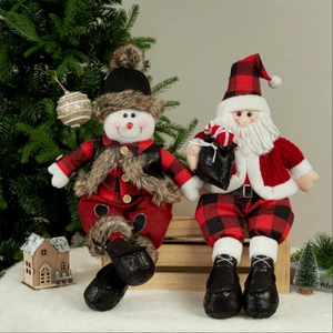 Standing Santa Claus and snowman plush dolls set in red and black plaid holiday outfits