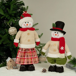 Pair of telescopic Christmas snowman plush dolls in festive red, green and gold outfits