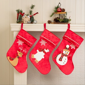 Red Velvet Christmas Stocking Reindeer Snowman Bear Applique Plaid Scarf Embroidered Hanging Holiday Home Party Decor Bag