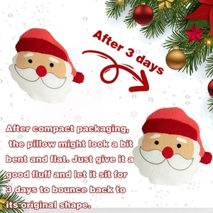 Macro view of Santa Claus plush pillow texture and vacuum recovery instructions