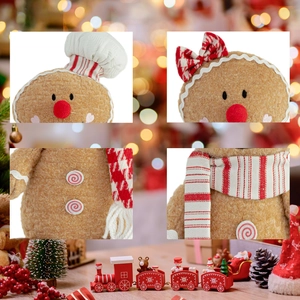 Detail of plush gingerbread man with chef hat, plaid bow, and festive Christmas textures