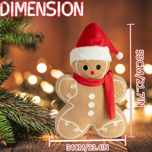 Macro view of 55cm gingerbread man plush with textured red hat and dimensions detail