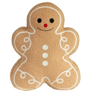 Gingerbread man plush pillow in brown teddy fleece with festive icing embroidery details