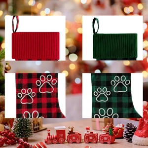 Christmas pet stockings set with red and green plaid patterns and white paw embroidery