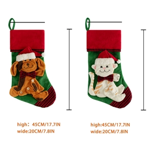 Christmas stockings featuring dog and cat designs with red and green velvet fabric