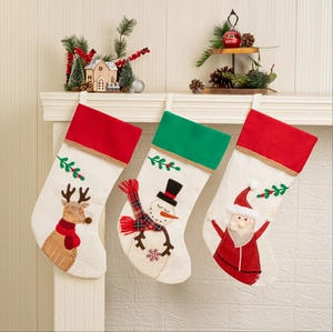 Large Burlap Christmas Stockings With Embroidered Santa Snowman Reindeer For Fireplace Hanging Decor Festive Gift Bag