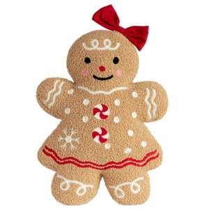 Gingerbread girl plush pillow with red bow and lamb wool texture for Christmas decor