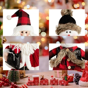 Close-up of Santa and snowman plush doll details with red plaid hats and knitted textures