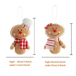 Set of plush Gingerbread Man Christmas ornaments with chef hat and red bow decorations