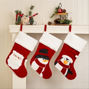 Large Red Velvet Christmas Stocking With Santa Snowman Penguin Applique Plush Faux Fur Trim Hanging Holiday Decoration Bag