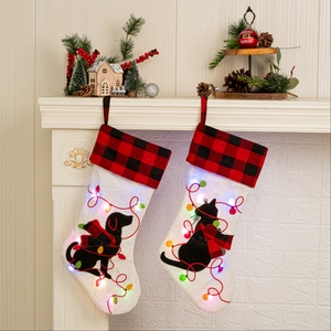 LED Glowing Christmas Stockings Buffalo Plaid Cuff Cat Dog Silhouette Xmas Hanging Decoration For Home Holiday Party