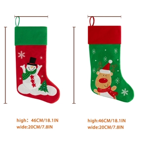 Detailed view of red and green Christmas stockings with dimensions 46cm by 20cm