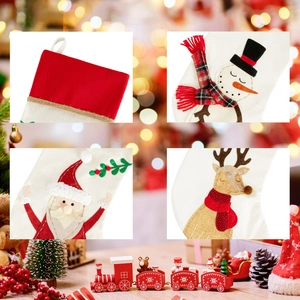 Linen Christmas stockings with Santa, Snowman and Reindeer embroidery for fireplace decor