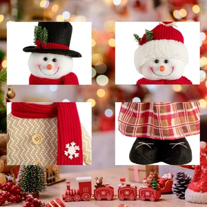 Detail of Christmas snowman plush doll with knitted hat, scarf and wooden buttons