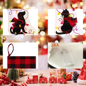 LED lighted Christmas stocking with cute cat dog embroidery and red plaid cuff decoration