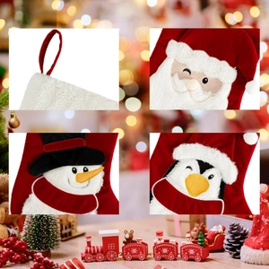 Velvet Christmas stockings featuring Santa and Snowman with plush faux fur trim