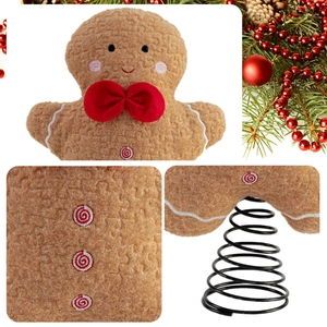 Gingerbread man plush Christmas tree topper with red bow and metal spring base