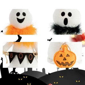 Halloween knitted ghost figurines with faux fur collars and BOO flags for home decor