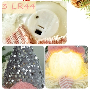 Glowing Christmas gnome plush with sequin hat and long legs, featuring LED light and battery base