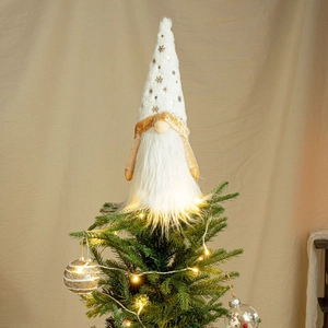 Lighted Christmas Tree Topper Faceless Gnome Plush Ornament Gold Snowflake Star Decor For Xmas Holiday Home Decoration