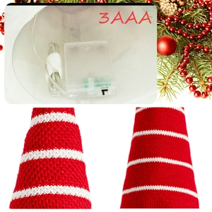 Christmas tree topper gnome with red striped knit hat and LED lights, 3 AAA battery powered