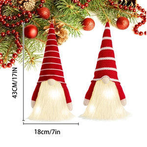 Lighted Christmas gnome set with red striped knit hat and warm LED glowing beard decor