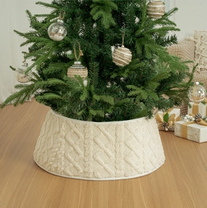 Cream White Christmas Tree Collar Cable Knit Diamond Pattern Polyester Tree Ring Cover For Xmas Holiday Home Floor Decoration