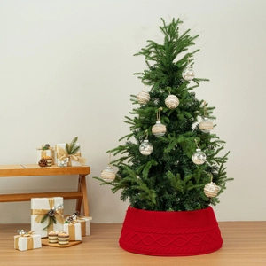 Classic red cable knit Christmas tree collar for festive holiday base decoration
