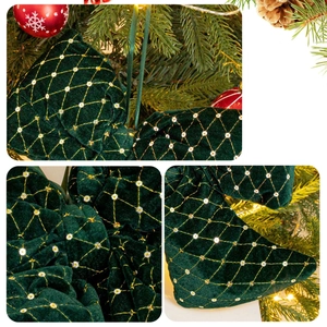 Deep green velvet Christmas bow with gold embroidery and sequins for tree decoration