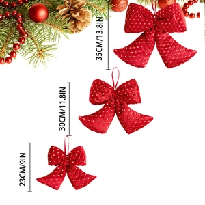 Three sizes of red Christmas bows with gold grid and sequins for tree decoration