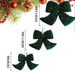Green velvet Christmas bows with gold embroidery, available in 35cm, 30cm, and 23cm sizes
