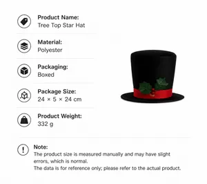 Detailed specifications of the black polyester Christmas hat tree topper with red ribbon