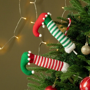 Funny Christmas Elf Legs Tree Topper Decorations Polyester Knit Striped Elf Feet With Bells For Xmas Tree Home Party Decor