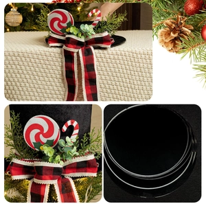 Christmas tree topper black hat with buffalo plaid bow, pine needles and candy canes