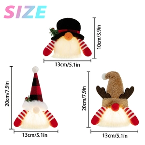 Detailed size specifications for three glowing Christmas gnomes in various festive hats