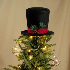 2025 Christmas Tree Topper Black Felt Top Hat Decoration With Red Ribbon Pine Cones Berries For Holiday Home Decor