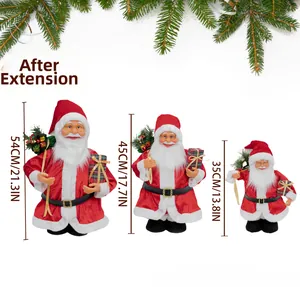 Three Santa Claus dolls in velvet suits showing retracted heights of 54cm 45cm and 35cm