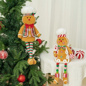 Christmas Gingerbread Man Plush Decoration With Chef Hat Long Leg Spring Doll Festive Home Window Display Ornament