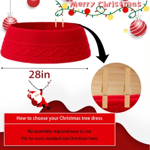 28-inch red cable-knit Christmas tree collar with wooden clips for festive decoration
