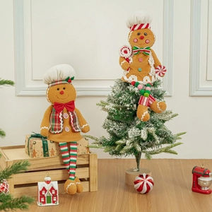 Gingerbread man chef plush dolls set with festive Christmas tree and gift box decor