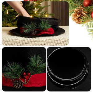 Black Christmas top hat tree topper with red ribbon, pine cones and berry decorations