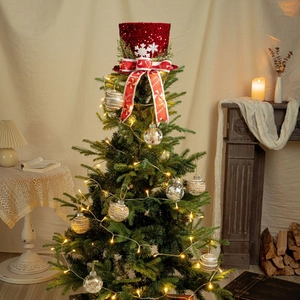 Red sequin top hat Christmas tree topper with snowflake accents and candy cane bow